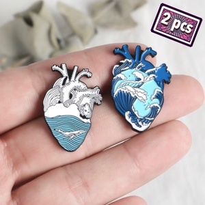 2 Matching Anatomy Heart Scrub Pins Blue Surf Wave